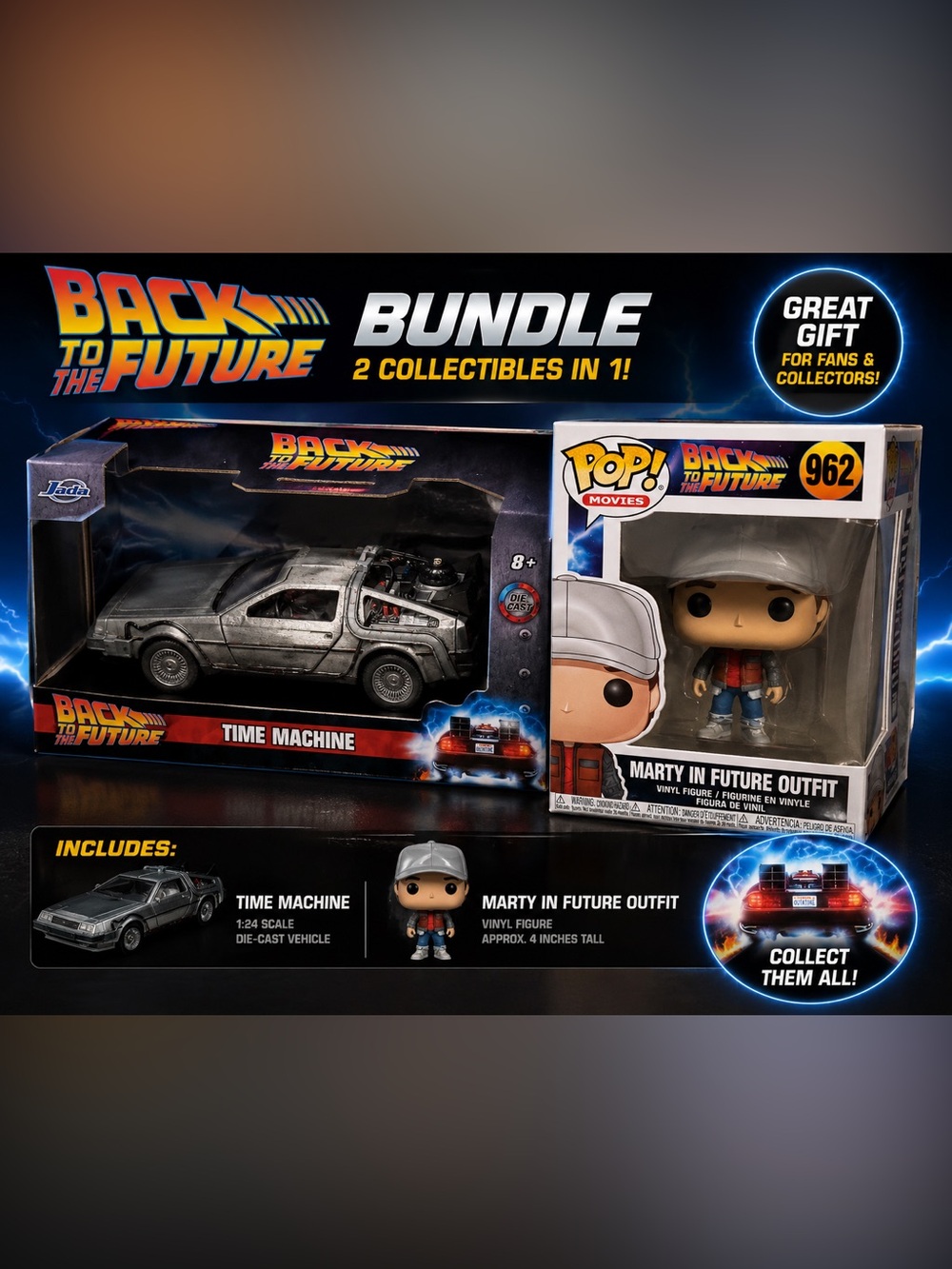 Back to the future FUNKO 2pc Bundle - Silver Time Machine & Marty Funko Pop